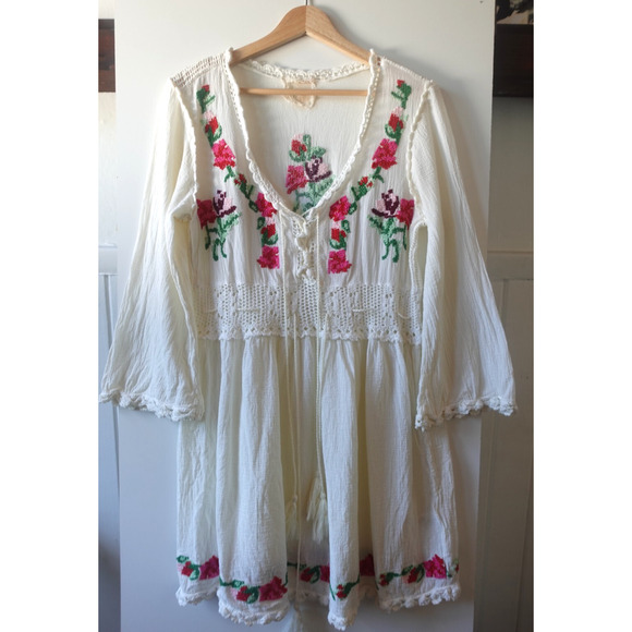 La Cera Dress Womens Large Summer Boho Ivory Crochet Gauzy Embroidered Cover Up - Picture 1 of 9